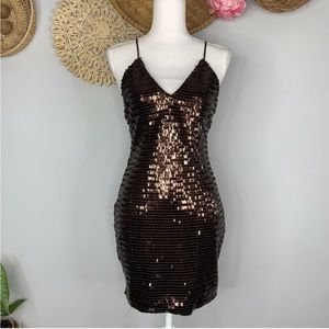 The Sang | Women’s Dress Brown Medium Sequin Cut-Out Open-Back Party Club Mini